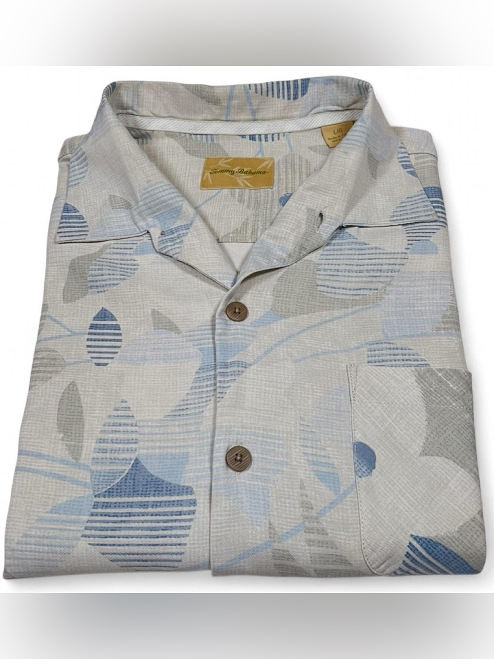 Tommy Bahama SILK Ivory/Grey/Blue Camp Collar Floral Hawaiian Shirt Men’s Size L